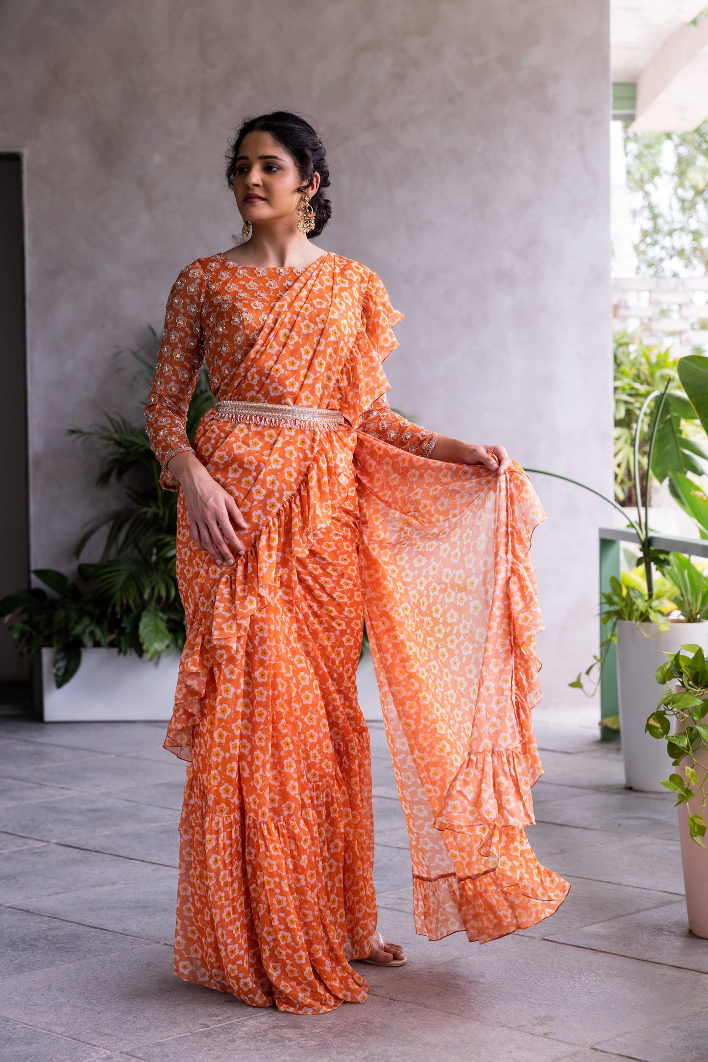 orange Pomme ruffle saree