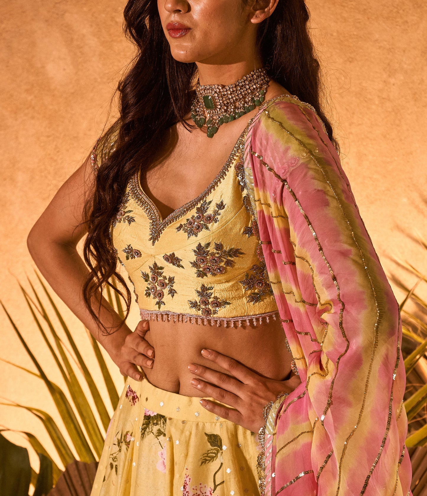 Yellow chanderi pomme scalloped lehenga with lehariya dupatta