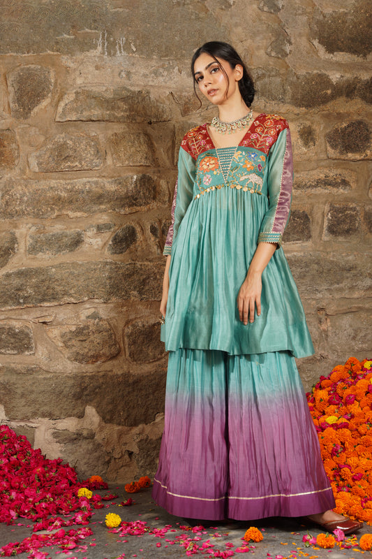 Sehr- teal lagoon embroidered sharara set