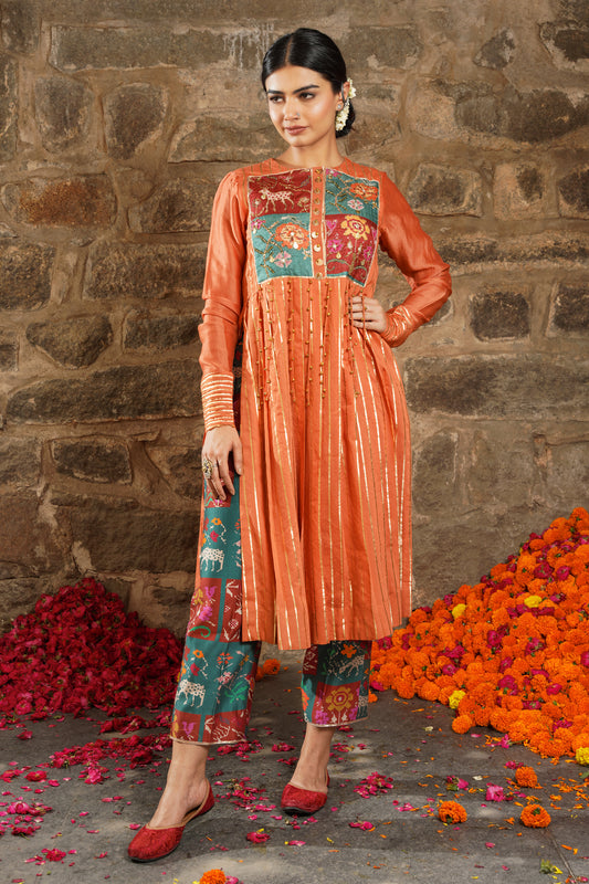 leiyla- orange burst Chanderi kurti set