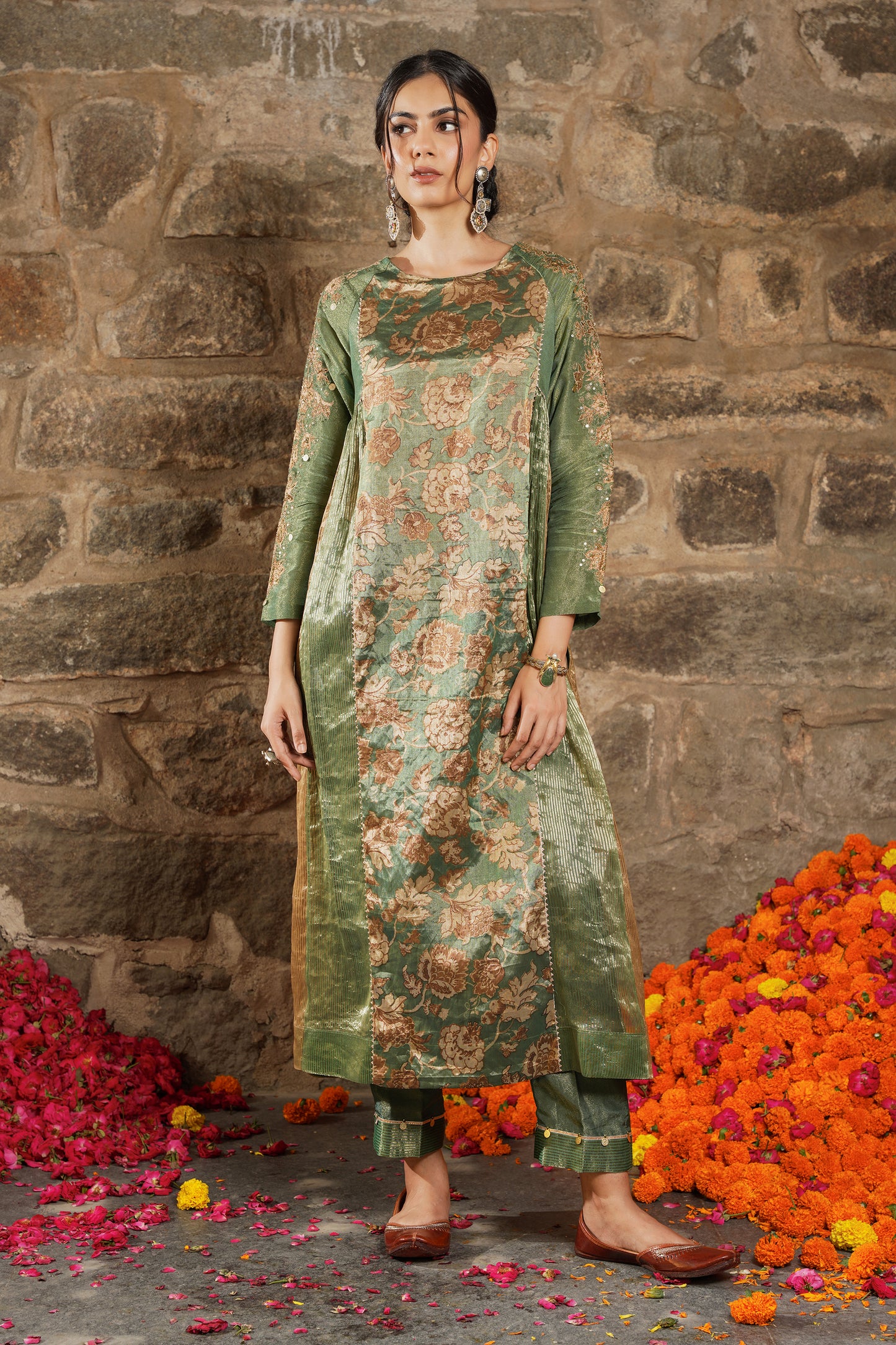 Nazaha- forest green silk Tissue Kurti set