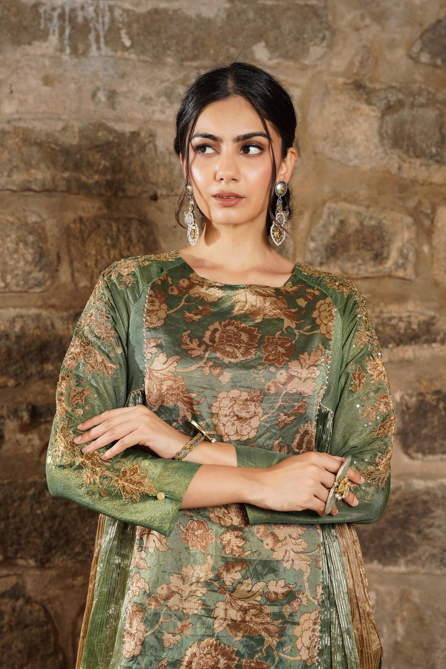 Nazaha- forest green silk Tissue Kurti set