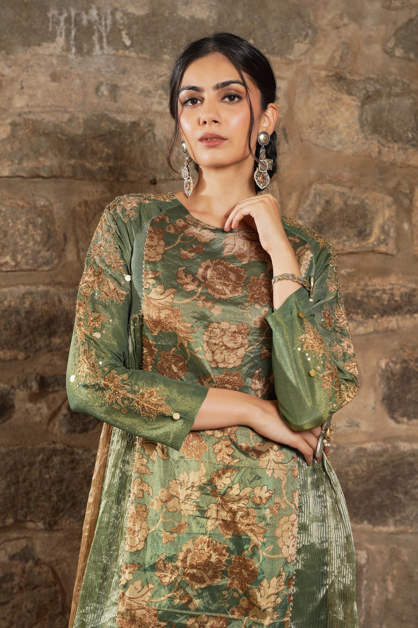 Nazaha- forest green silk Tissue Kurti set