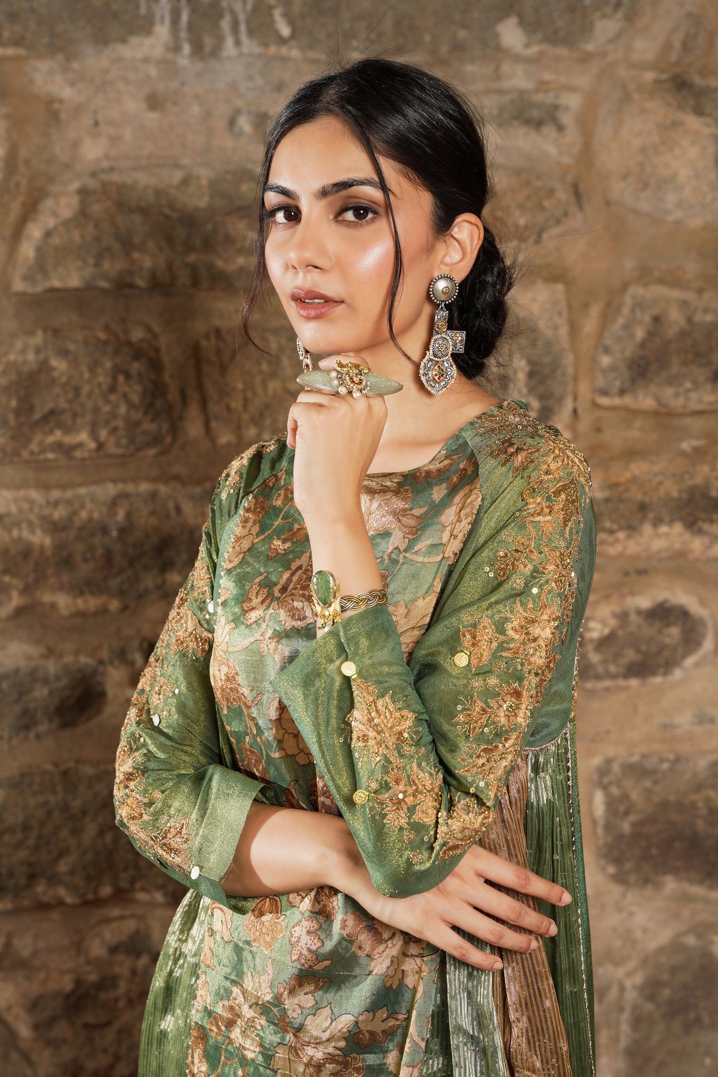 Nazaha- forest green silk Tissue Kurti set