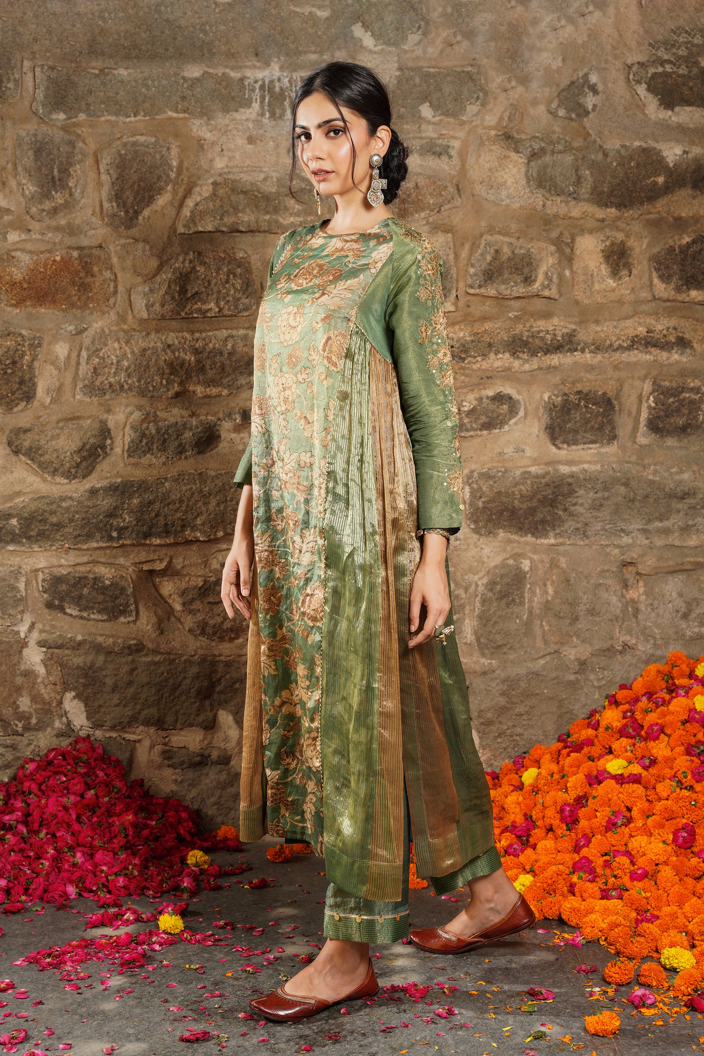 Nazaha- forest green silk Tissue Kurti set