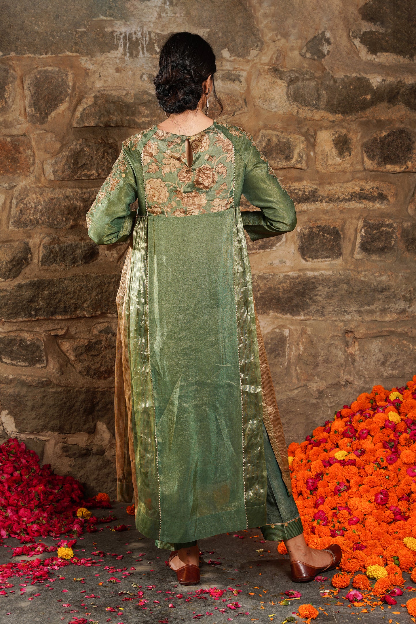 Nazaha- forest green silk Tissue Kurti set