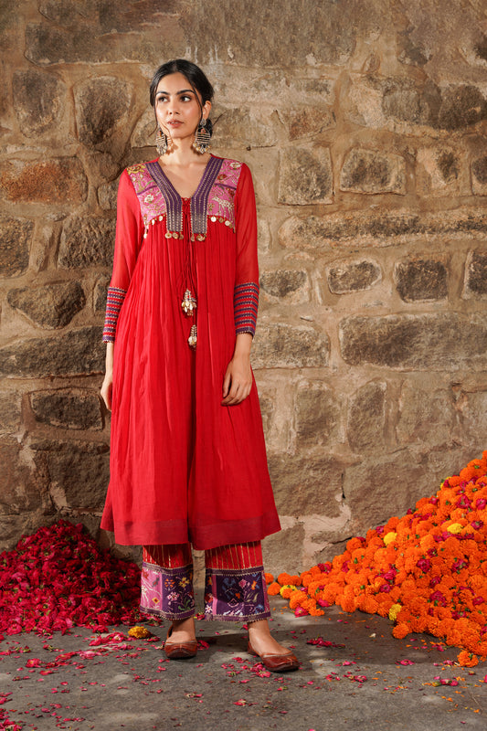 Saanjh- Crimson red embroidered kurti set