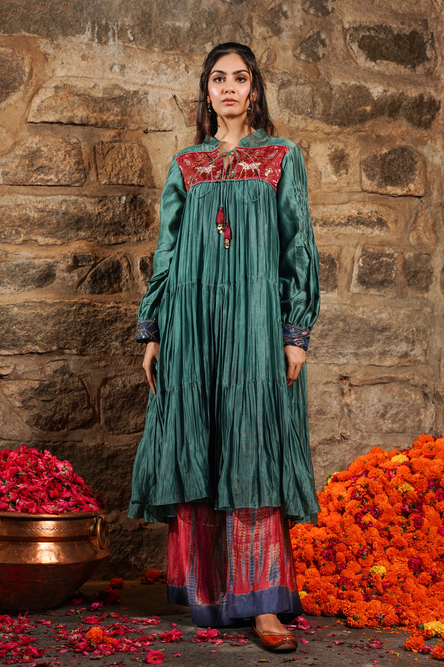 Hyatt- deep sea teal Chanderi sharara set