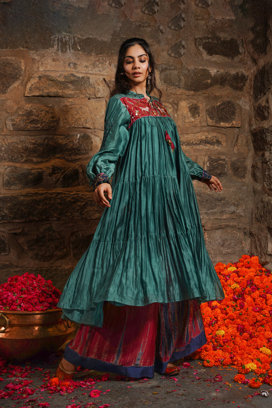 Hyatt- deep sea teal Chanderi sharara set