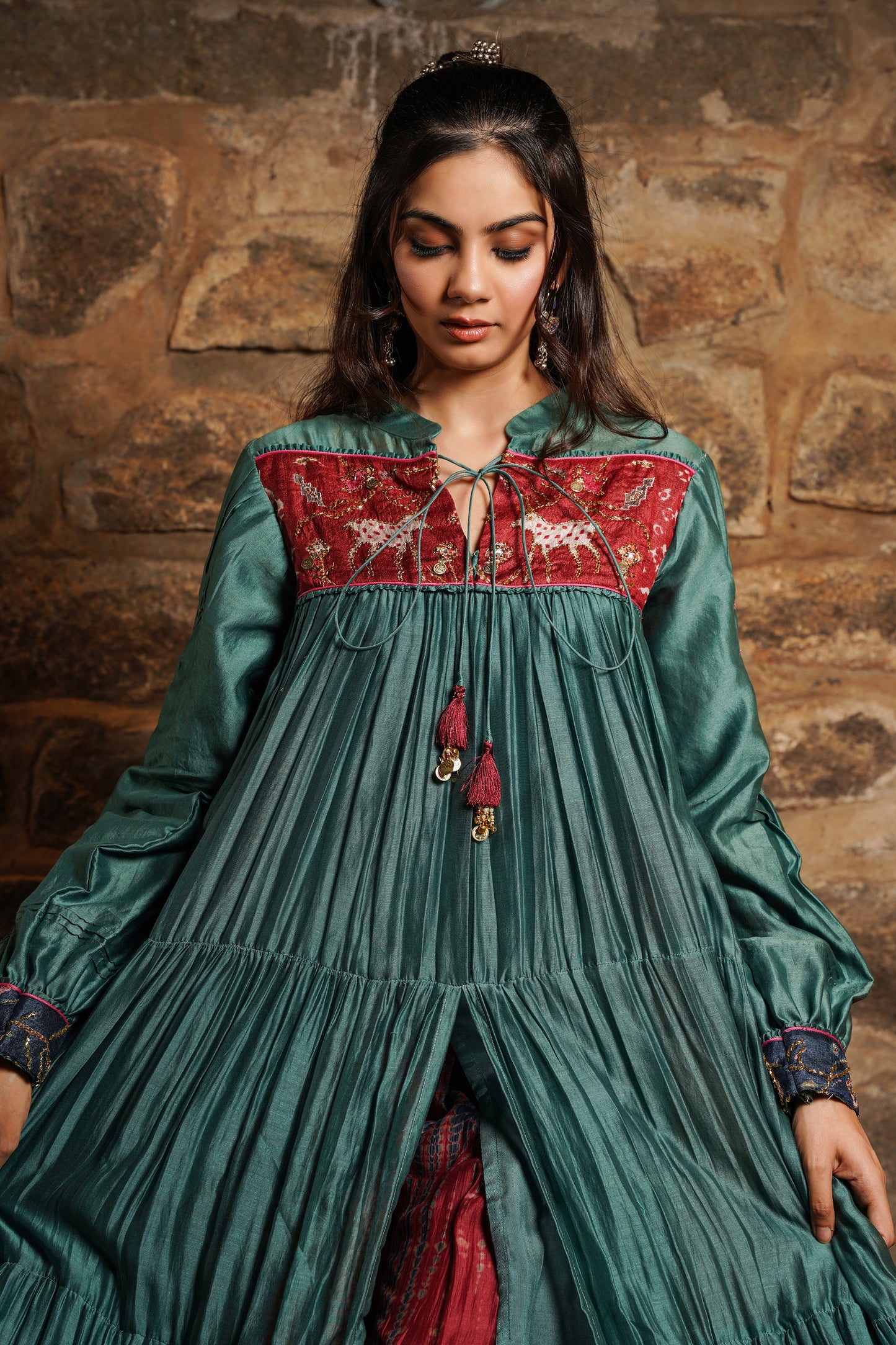 Hyatt- deep sea teal Chanderi sharara set