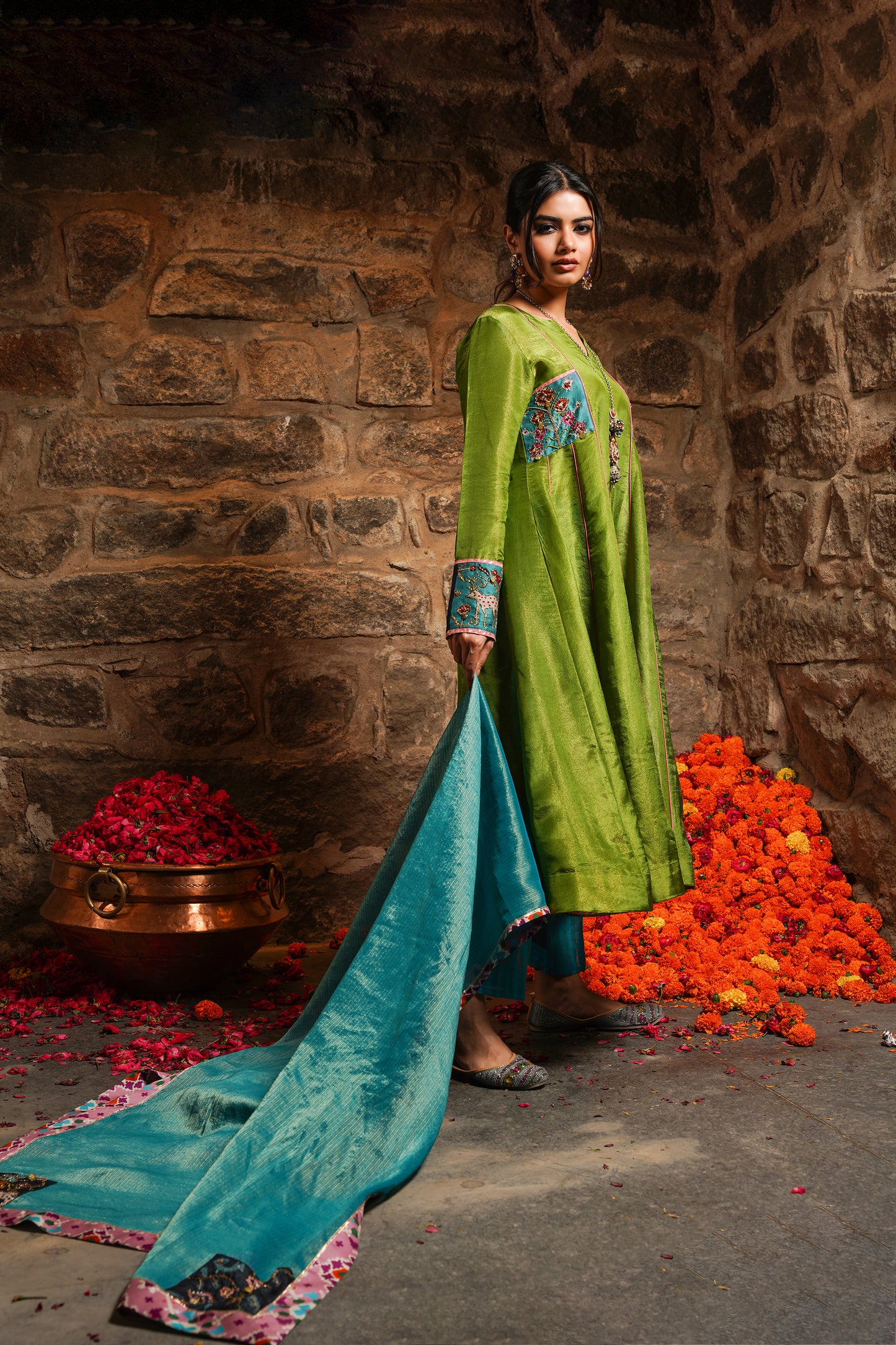 Gulzaar- lime green silk Kurti set