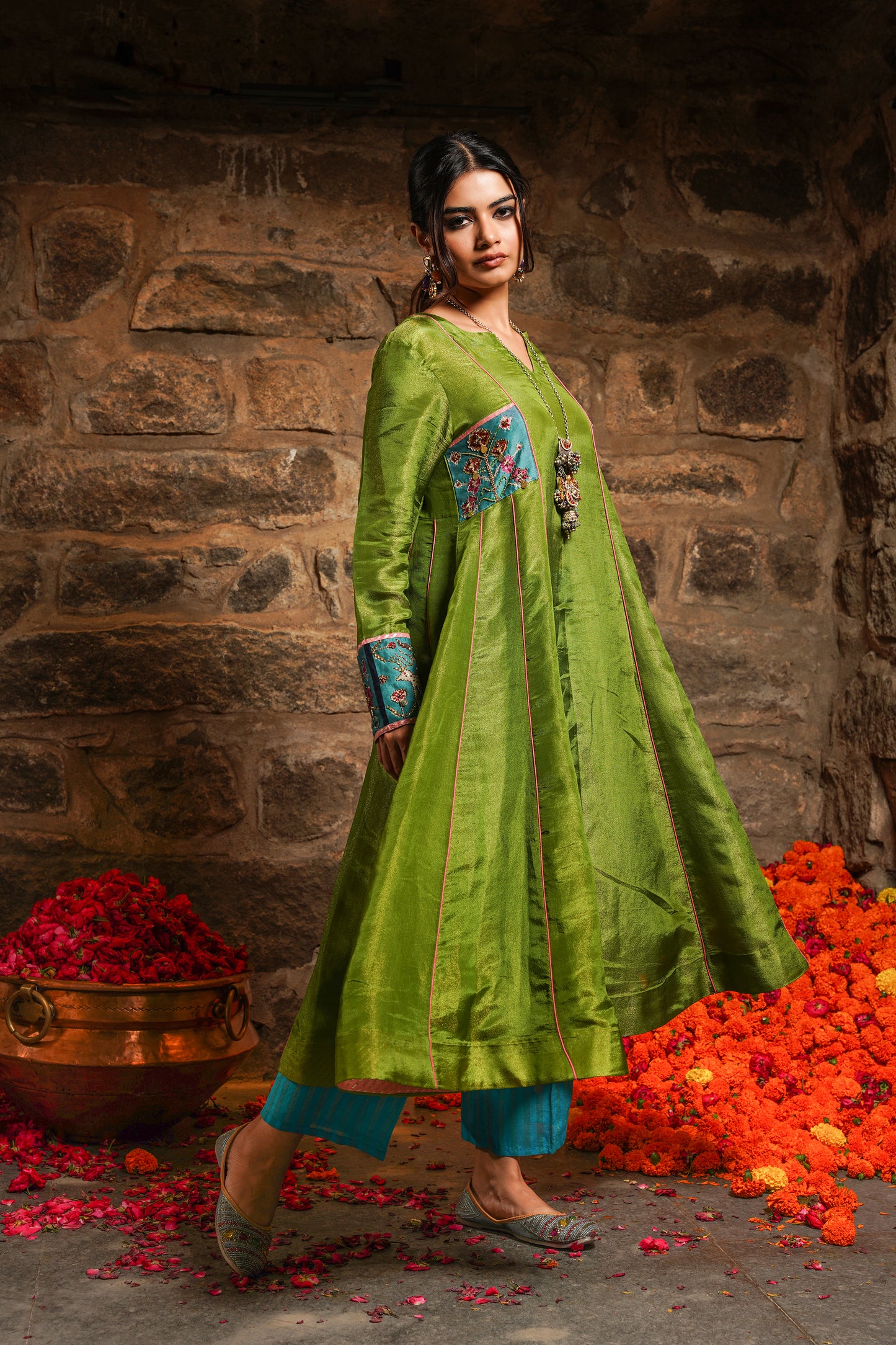 Gulzaar- lime green silk Kurti set