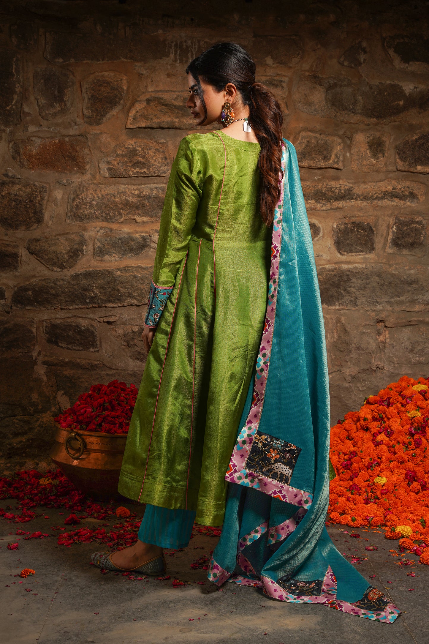 Gulzaar- lime green silk Kurti set