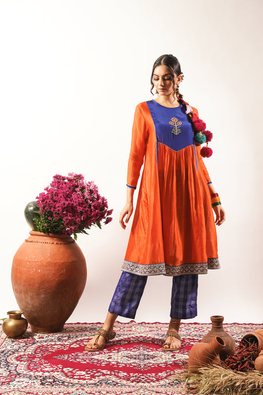 Rang-E-Noor- citrus orange ChandHeri kurti set