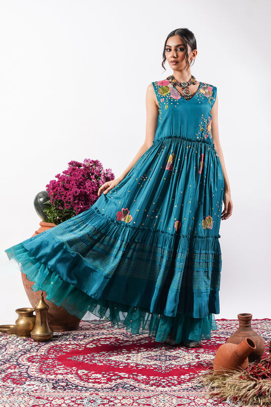 Naaz- Teal Lagoon Silk Dress