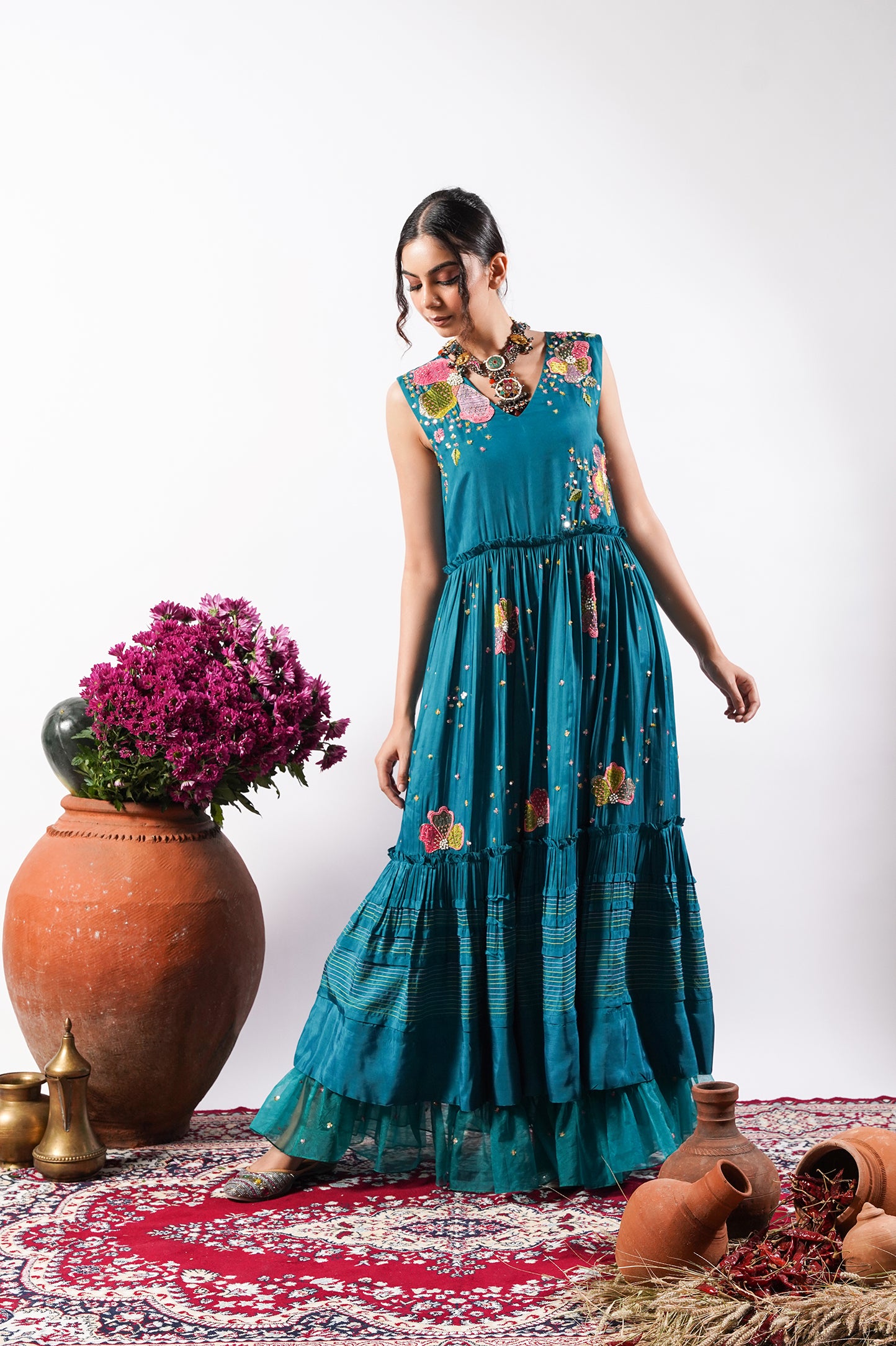 Naaz- Teal Lagoon Silk Dress