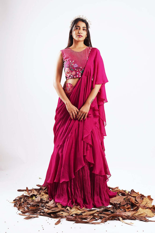 Azelie-NAKSHATRA Pink hand embroidered Pre draped saree