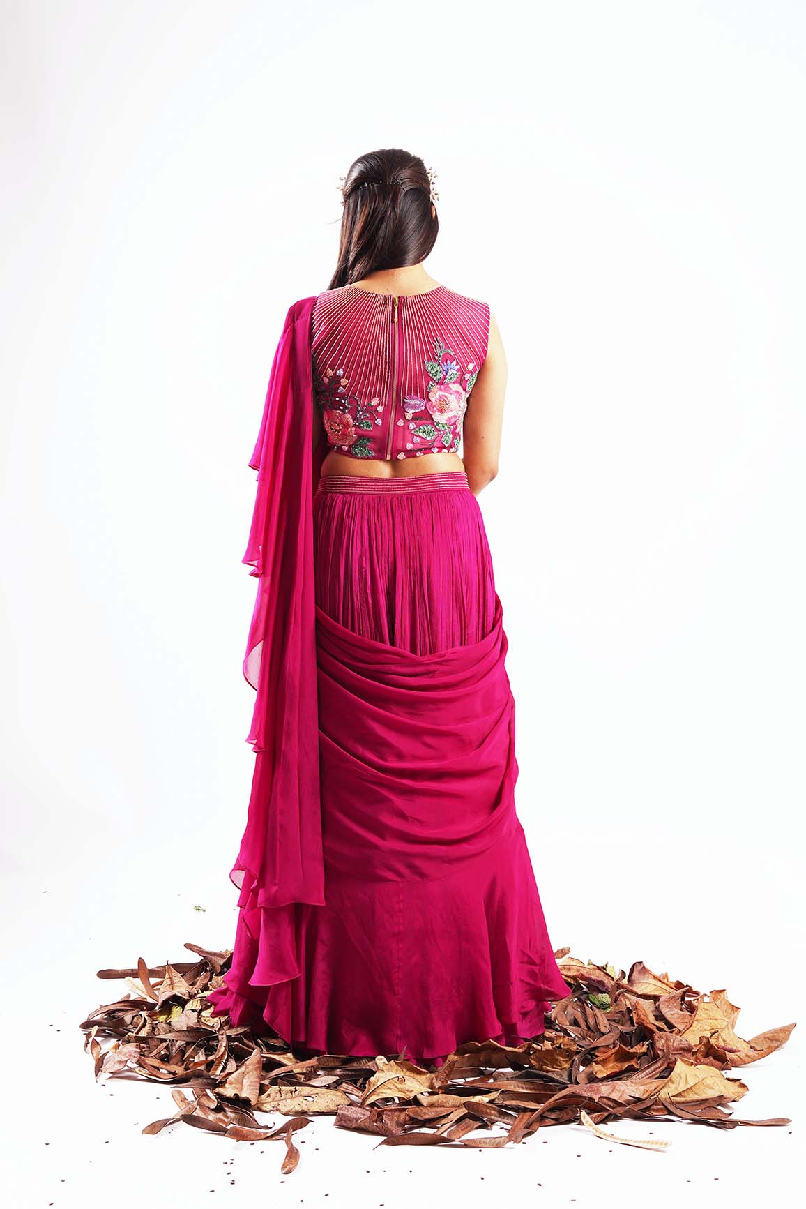 Azelie-Nakshatra Pink Hand Embroidered Pre Draped Saree
