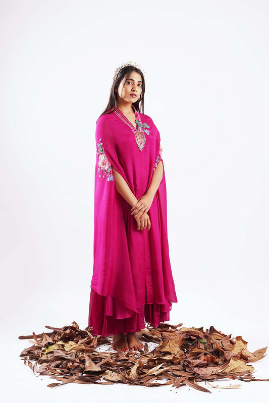 Azelie-NAKSHATRA Pink hand embroidered kaftan dress