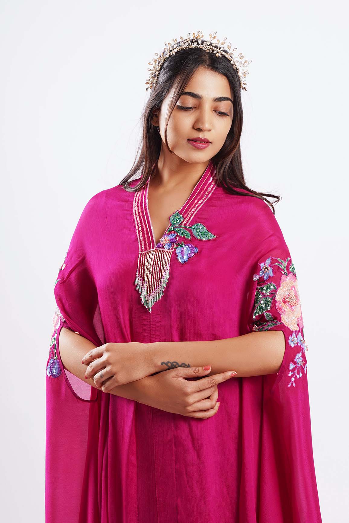 Azelie-Nakshatra Pink Hand Embroidered Kaftan Dress