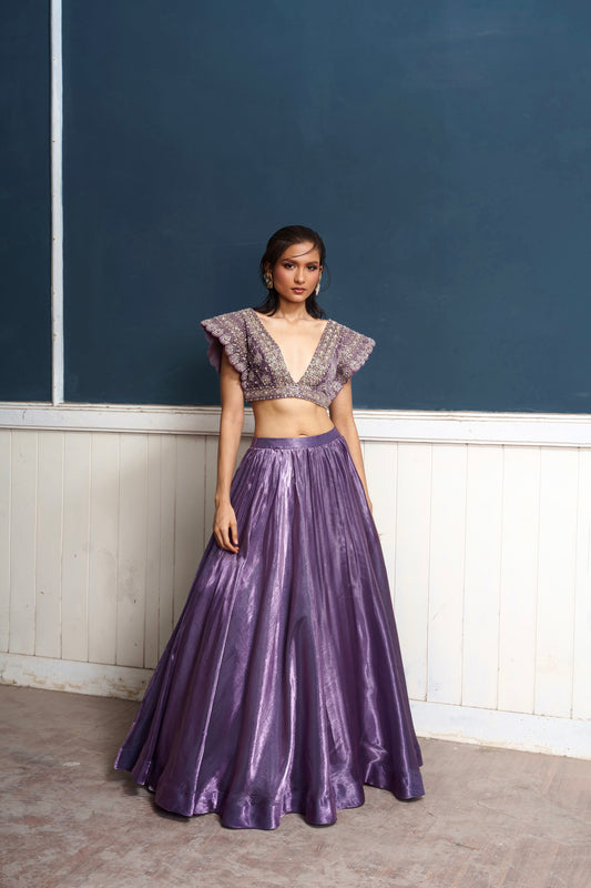 Caelum -nakshatra light metallic purple hand embroidered lehenga