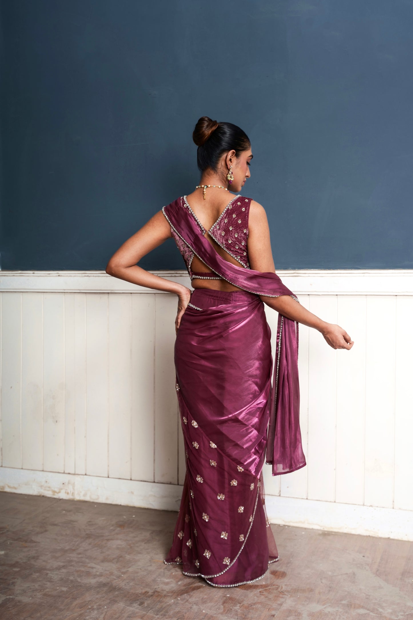 Traksh- wine shade embroidered pre-draped saree