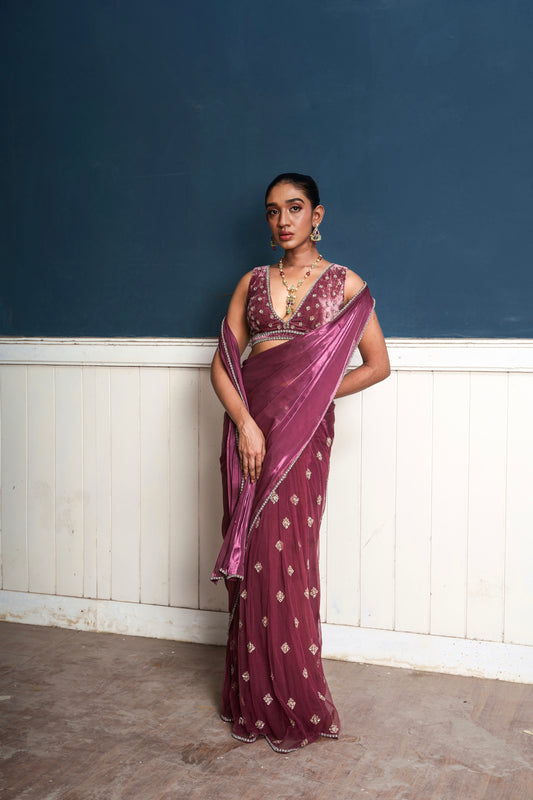 Traksh- wine shade embroidered pre-draped saree
