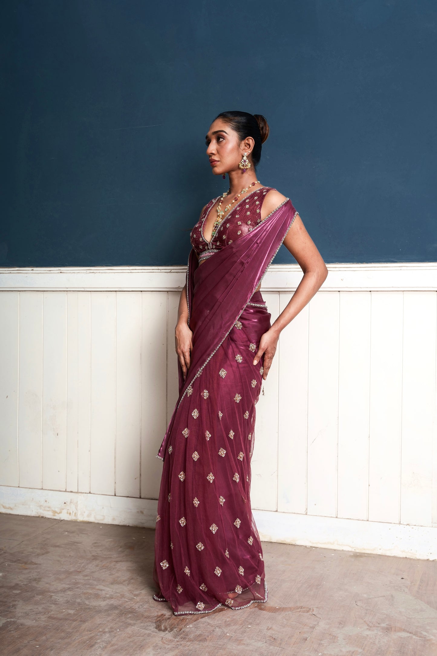 Traksh- wine shade embroidered pre-draped saree