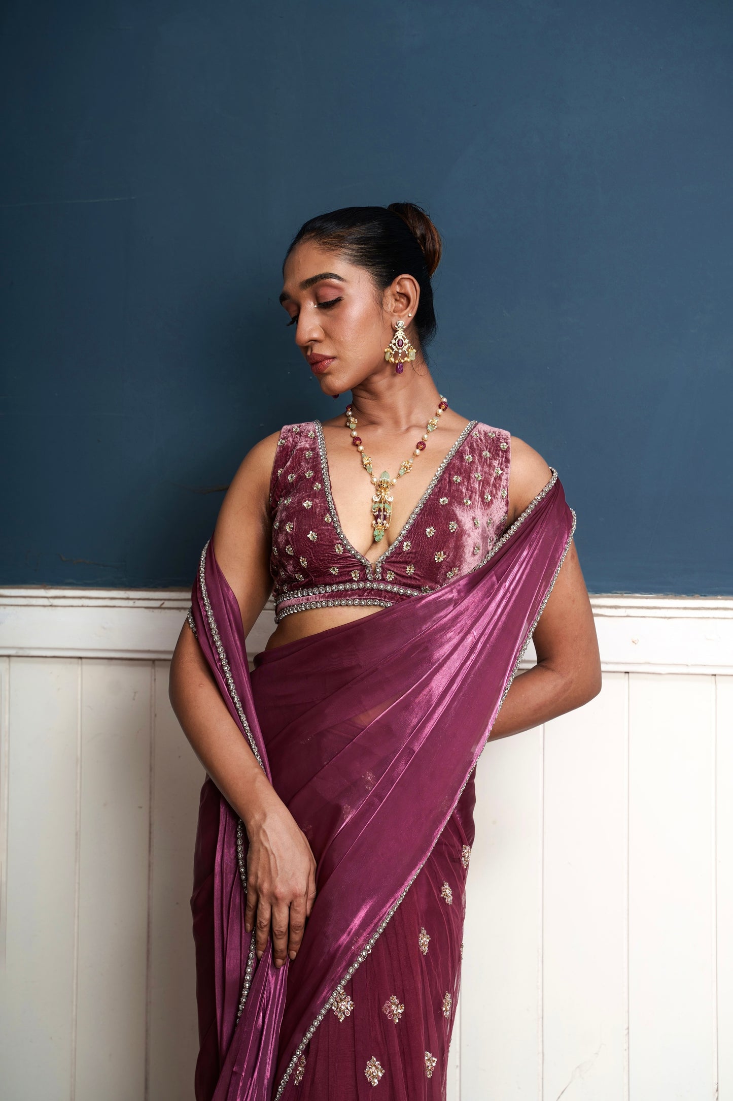 Traksh- wine shade embroidered pre-draped saree