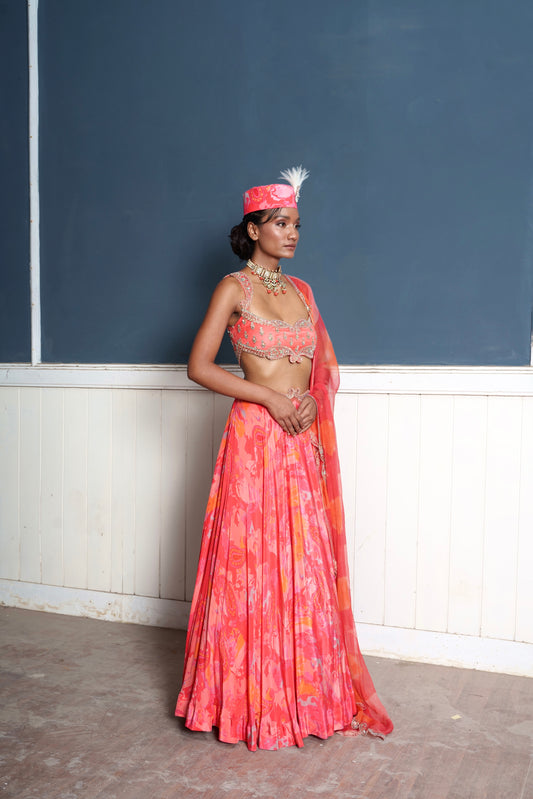 Paisley embroidered fiery rose printed lehenga set