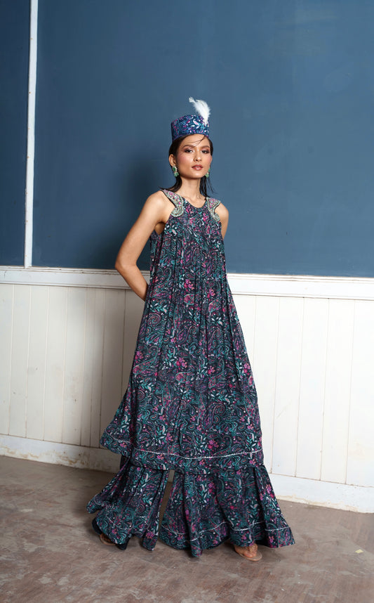 Paisley embroidered midnight printed Palazzo suit dress