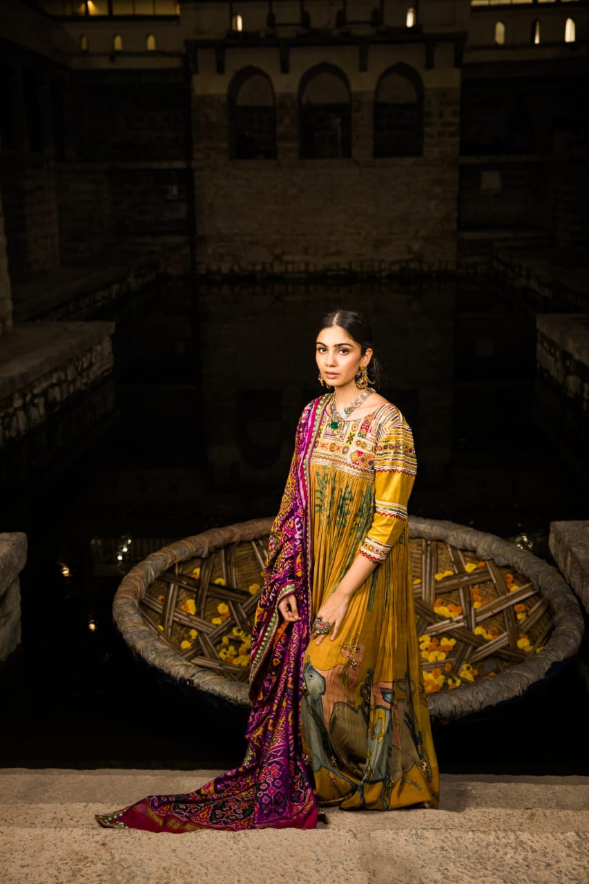 Nazaakat: marigold yellow Kalamkari Anarkali set