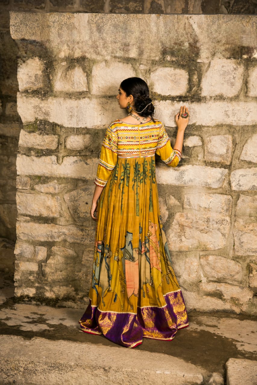 Nazaakat: marigold yellow Kalamkari Anarkali set