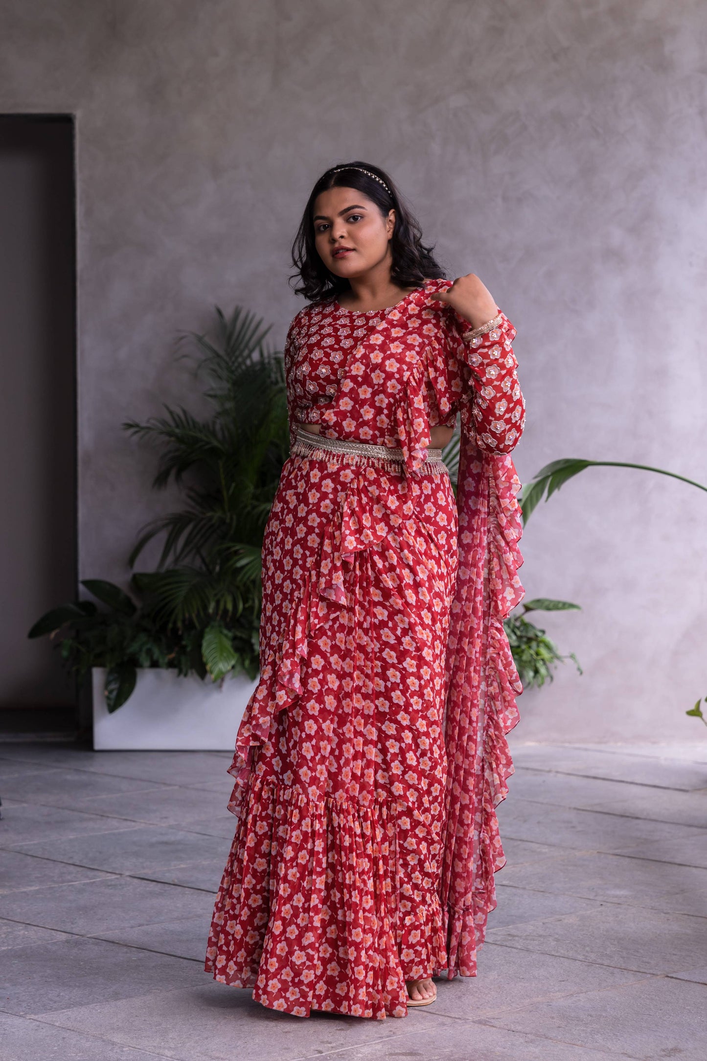 Maroon belted ruffle saree