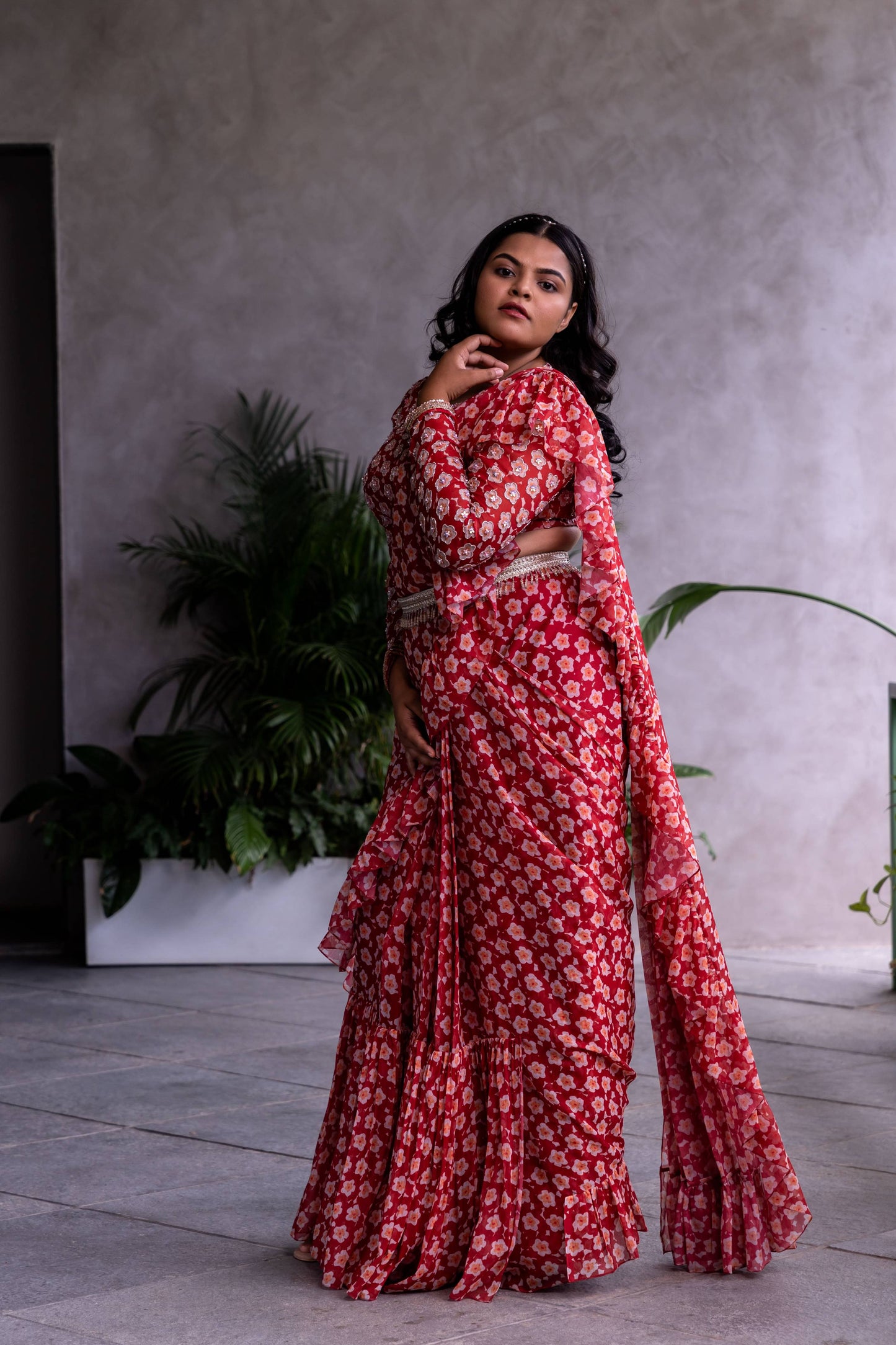 Maroon belted ruffle saree