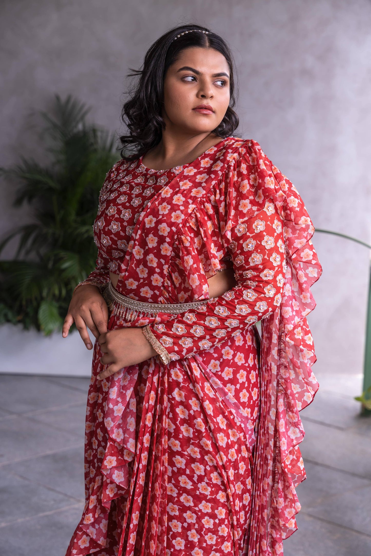 Maroon belted ruffle saree