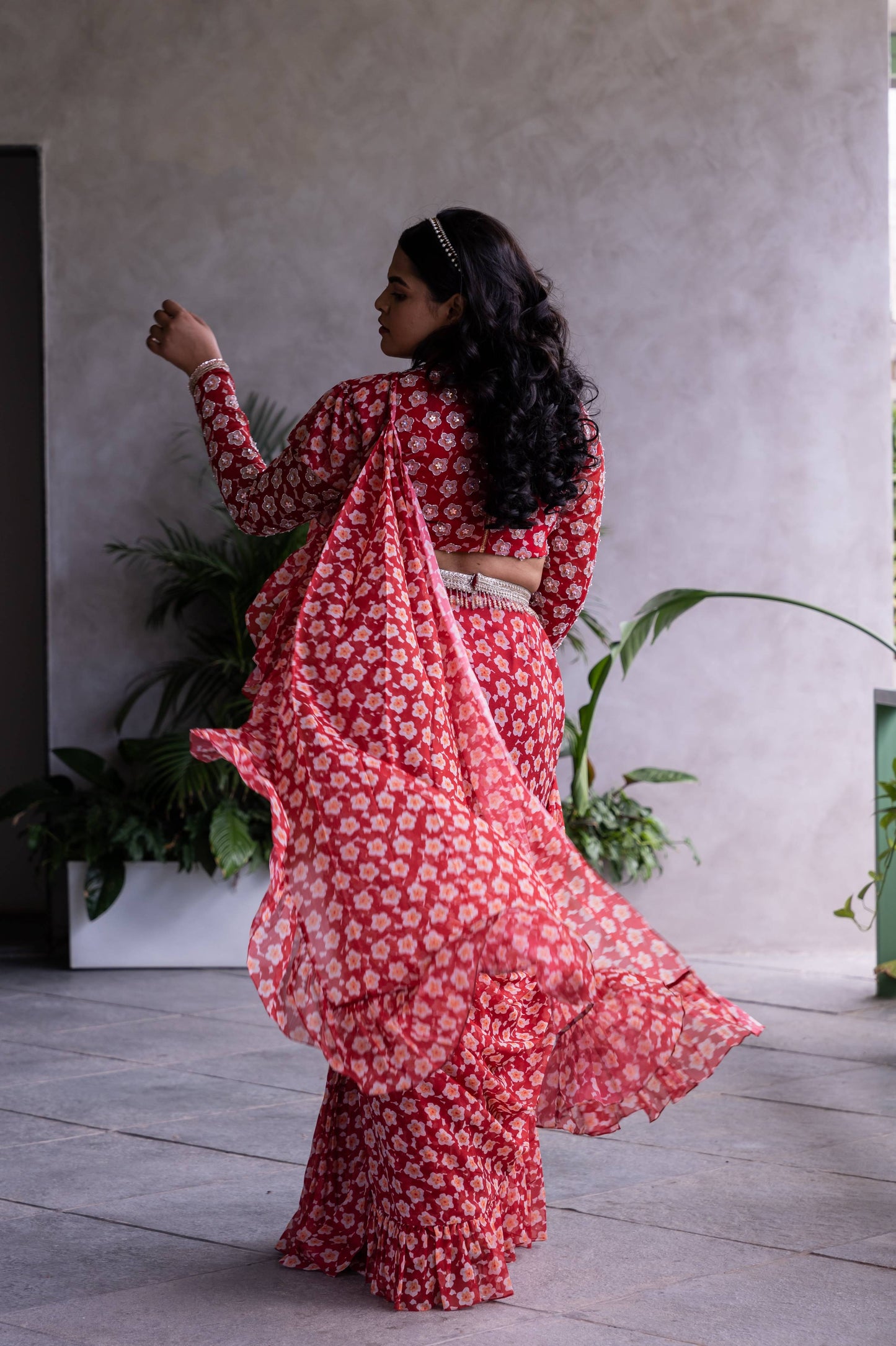 Maroon belted ruffle saree