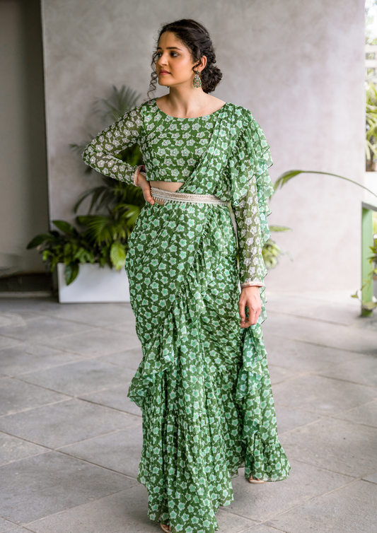 Dark green belted ruffle saree