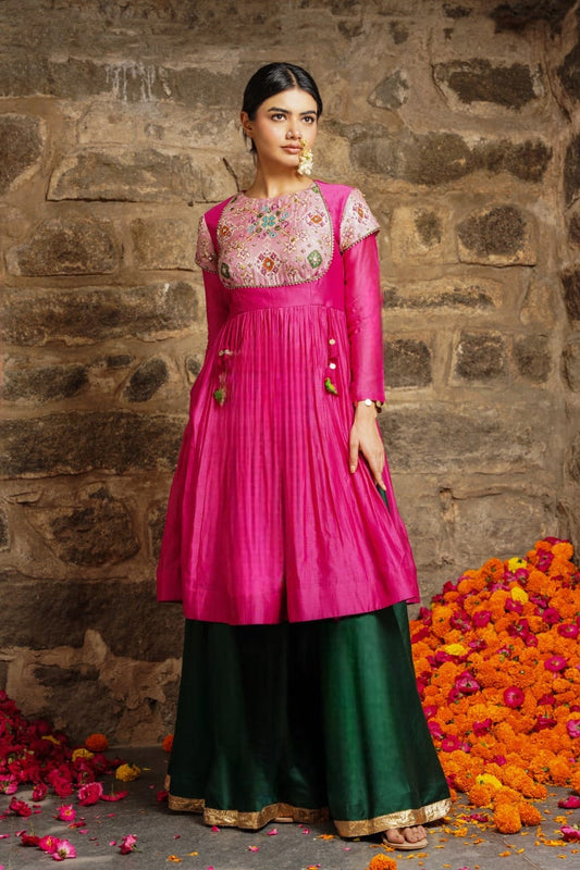 Shabnam- sizzling pink with emerald green Sharara set