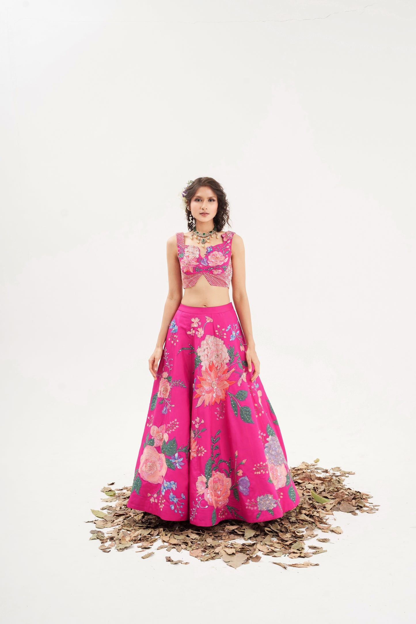 Ornate-nakshatra fuschia pink  hand embroidered lehenga set