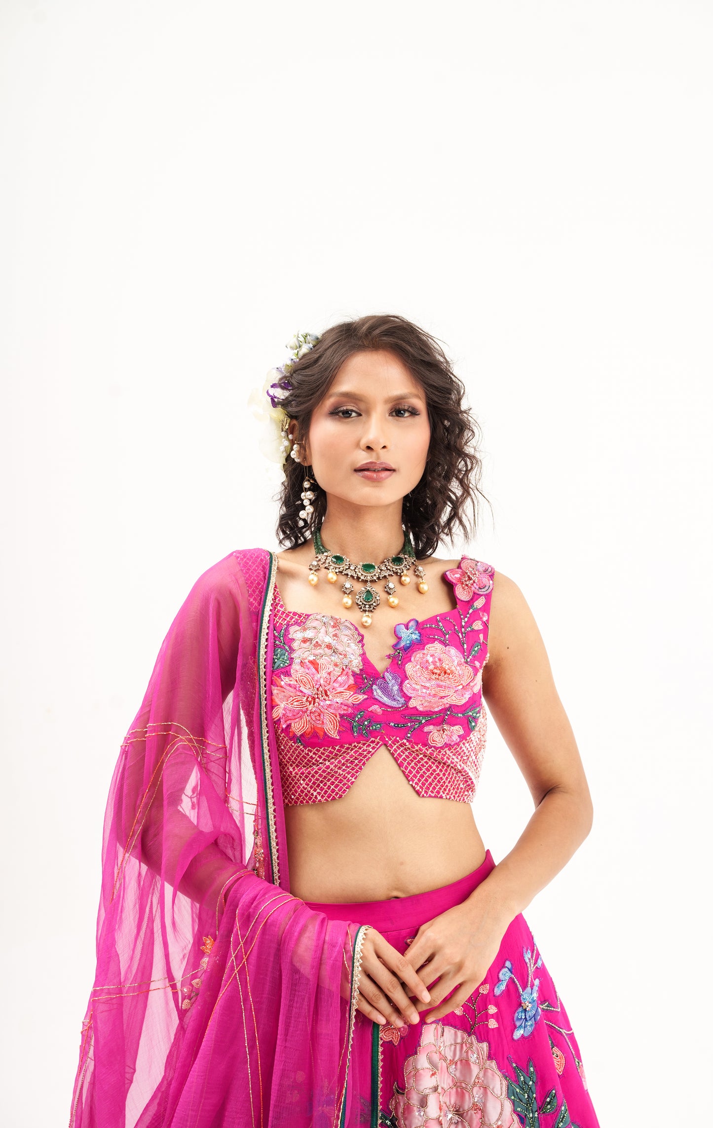 Ornate-nakshatra fuschia pink  hand embroidered lehenga set