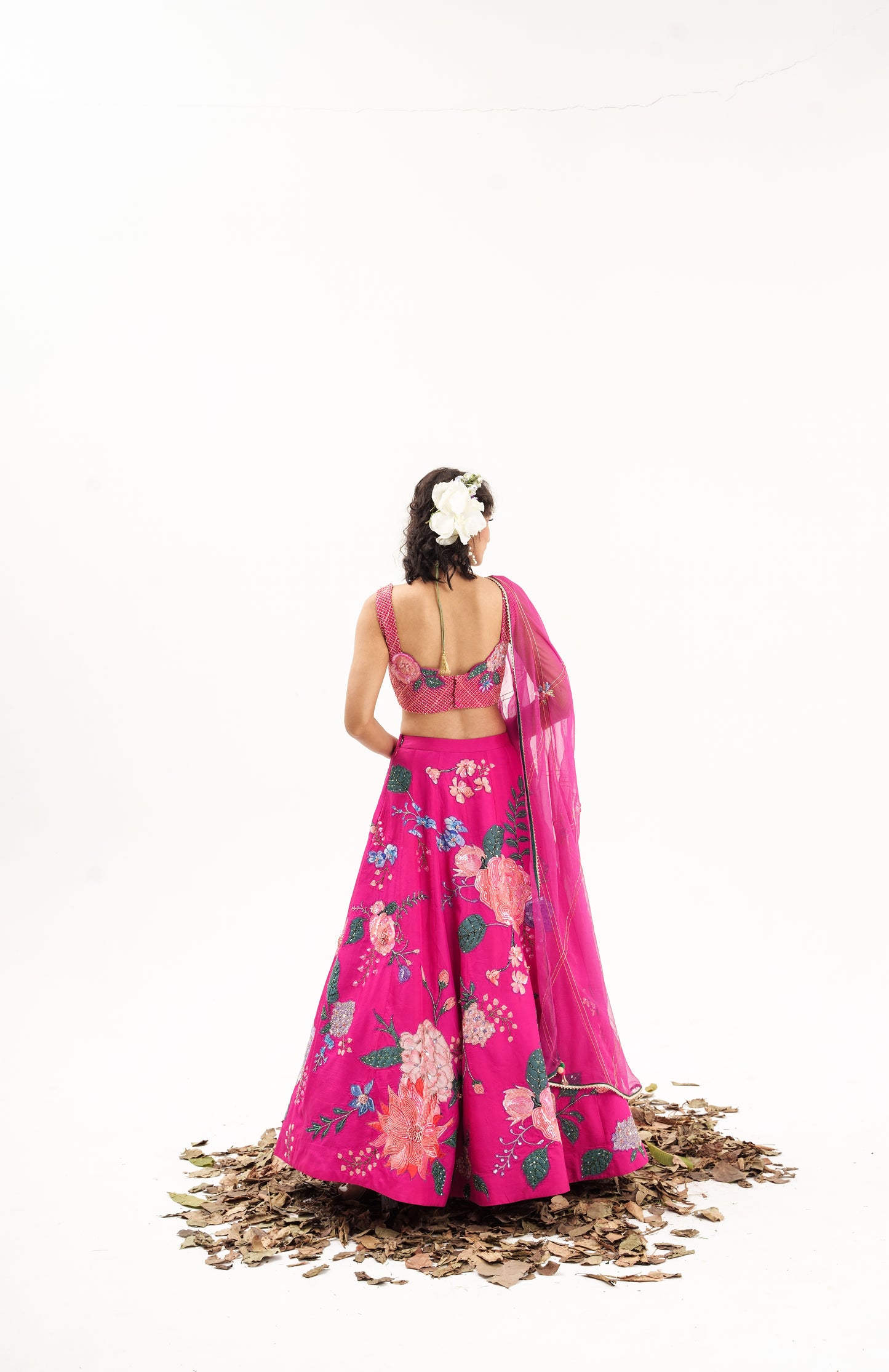 Ornate-nakshatra fuschia pink  hand embroidered lehenga set