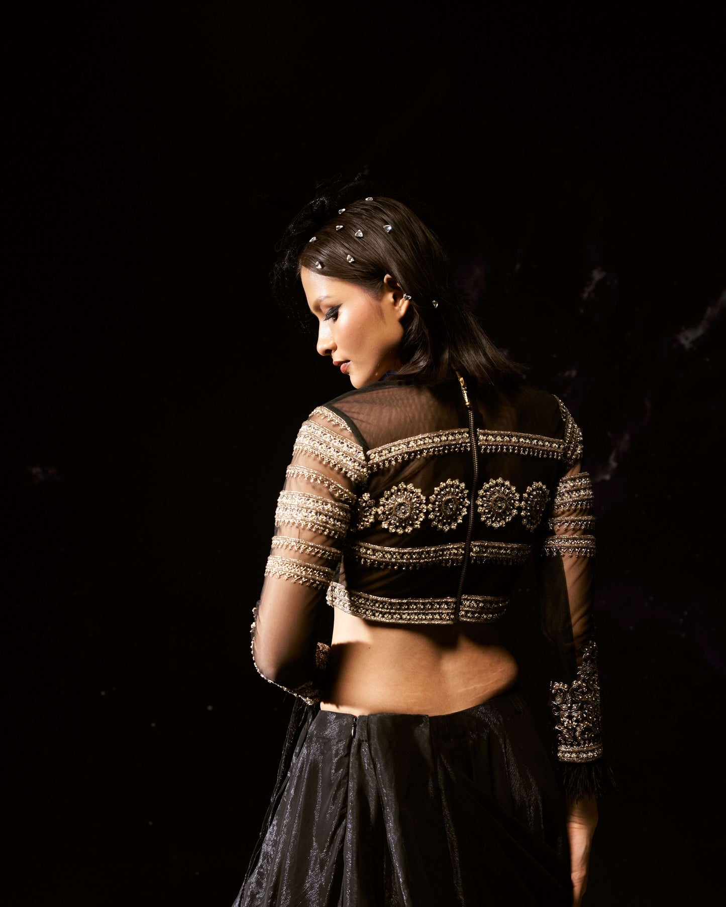 Dara-Nakshatra Black Ore Draped Saree With Intricate Embroidered Blouse