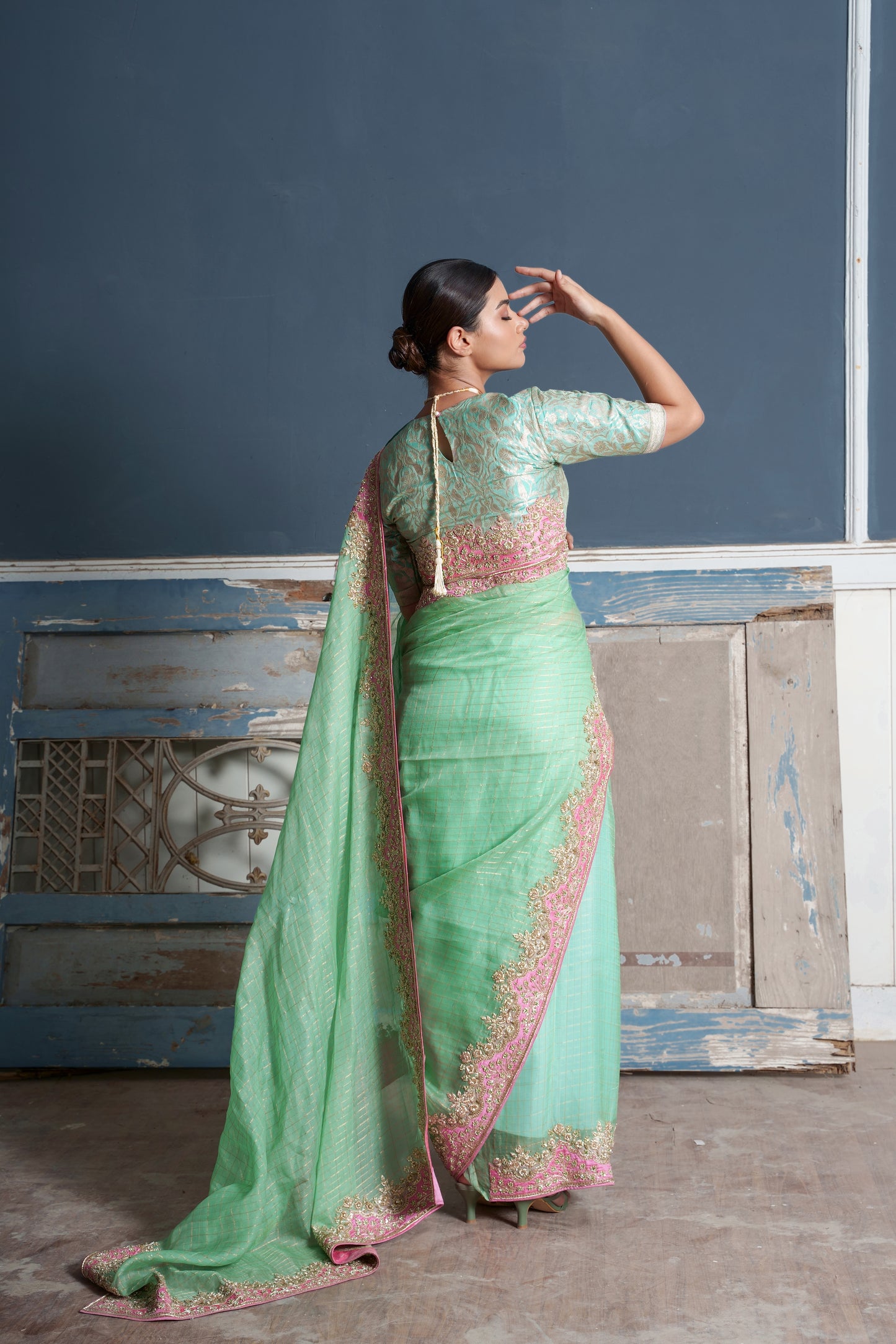 Tara -jade green raw silk embroidered saree with blouse