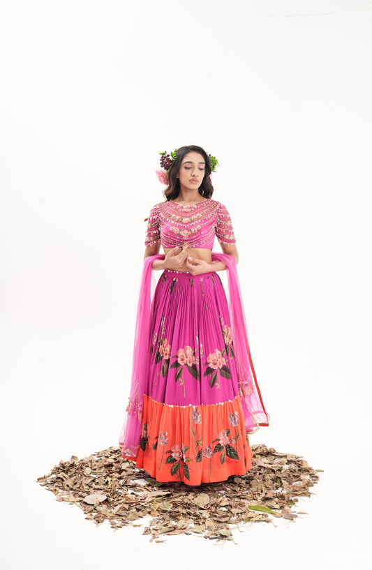 La fleur -magenta pink intricate hand embroidered lehenga