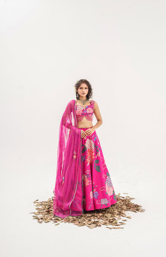 Ornate-nakshatra fuschia pink  hand embroidered lehenga set