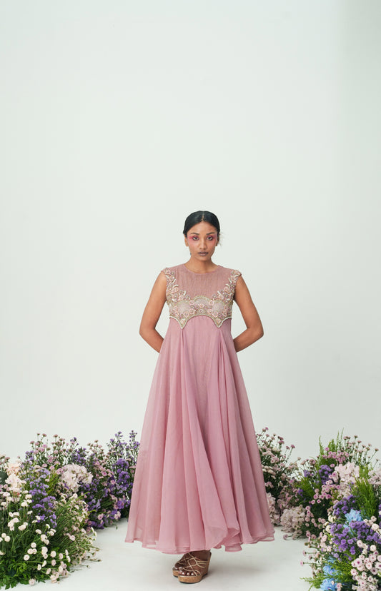 Mauve sheer neck embroidered flare long dress