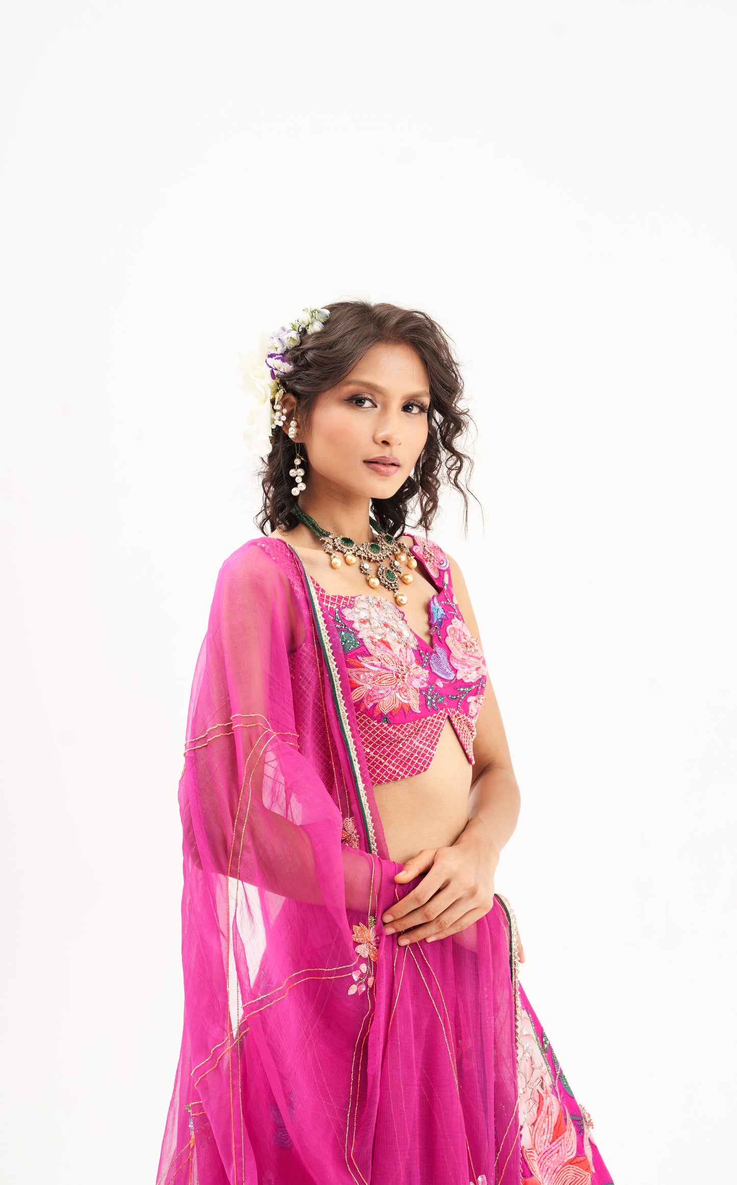 Ornate-nakshatra fuschia pink  hand embroidered lehenga set