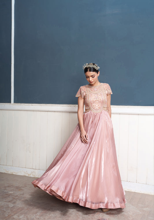 Traksh-rose pink embroidered cut out dress