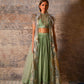 Dejouer-nakshatra pistachio green foil print hand embroidered lehenga with overcoat